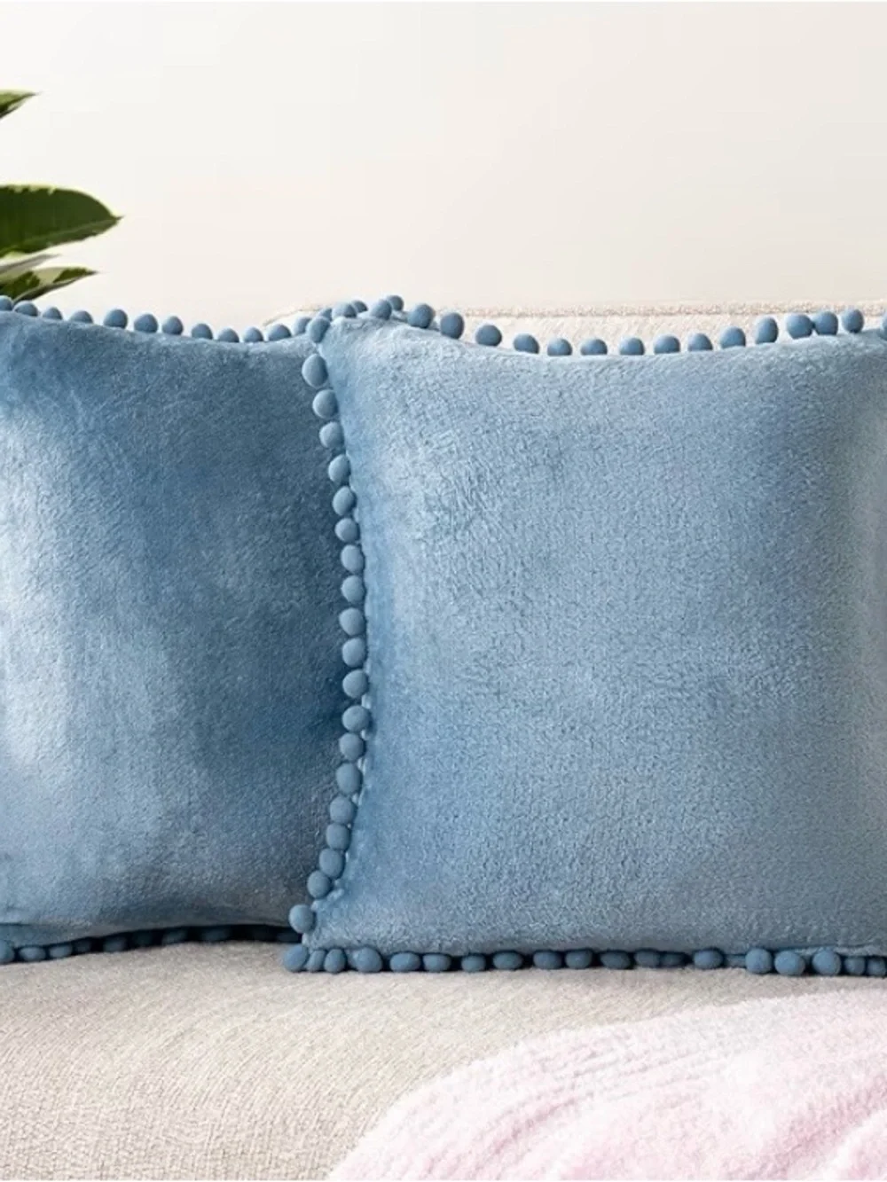 Light Blue Pom Pom Throw Pillow Cover Set of 2